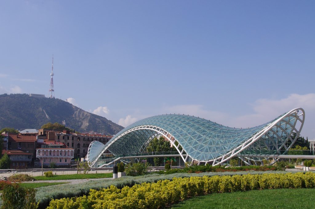A view of the Bridge of Peace in Tbilisi, Georgia.